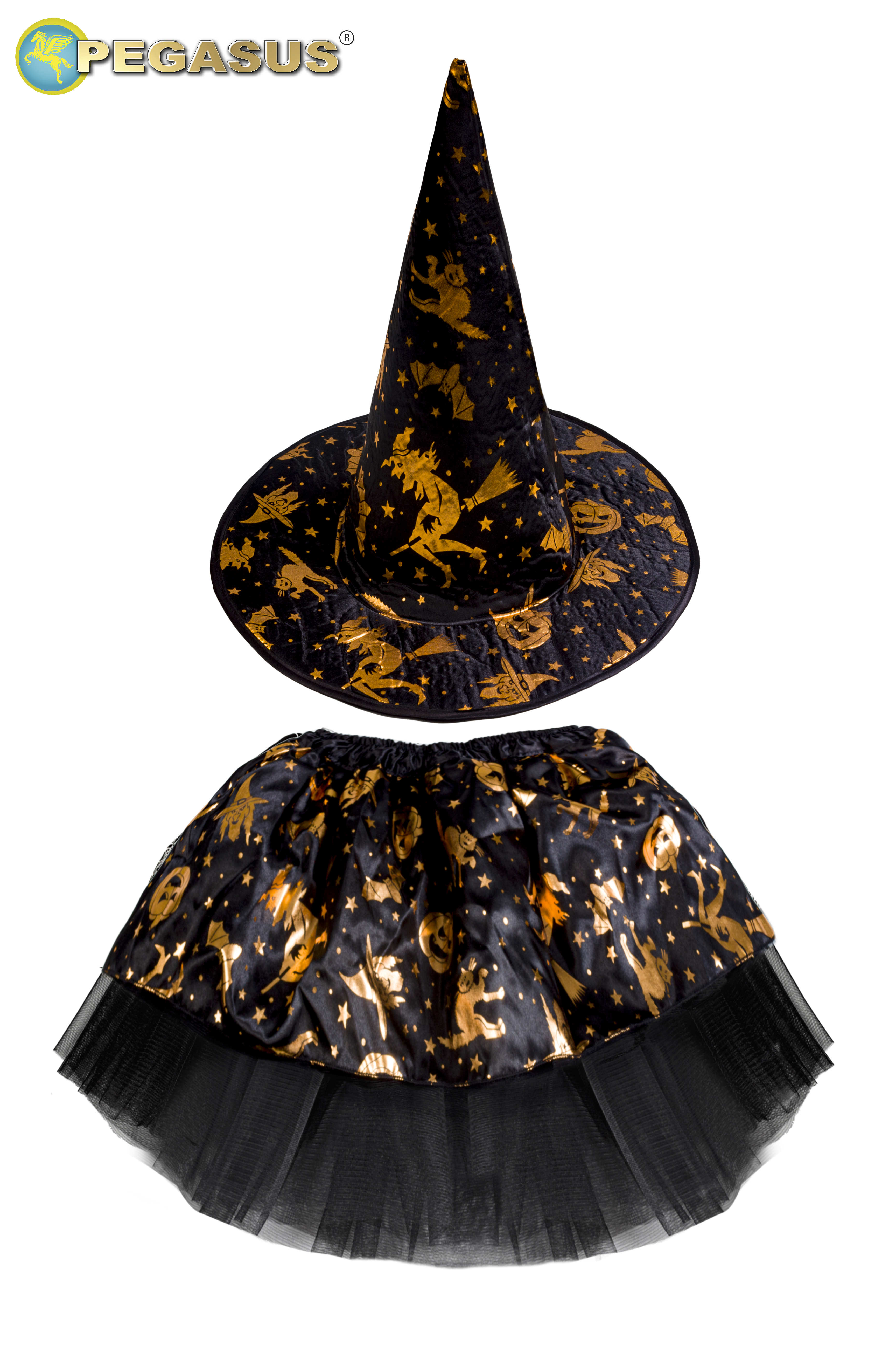 SET GONNA E CAPPELLO HALLOWEEN STREGA ORO BAMBINA